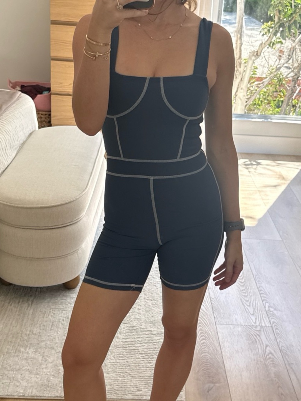 XS WeWoreWhat Seam-Detail Square Neck Active Romper in Dark Navy
